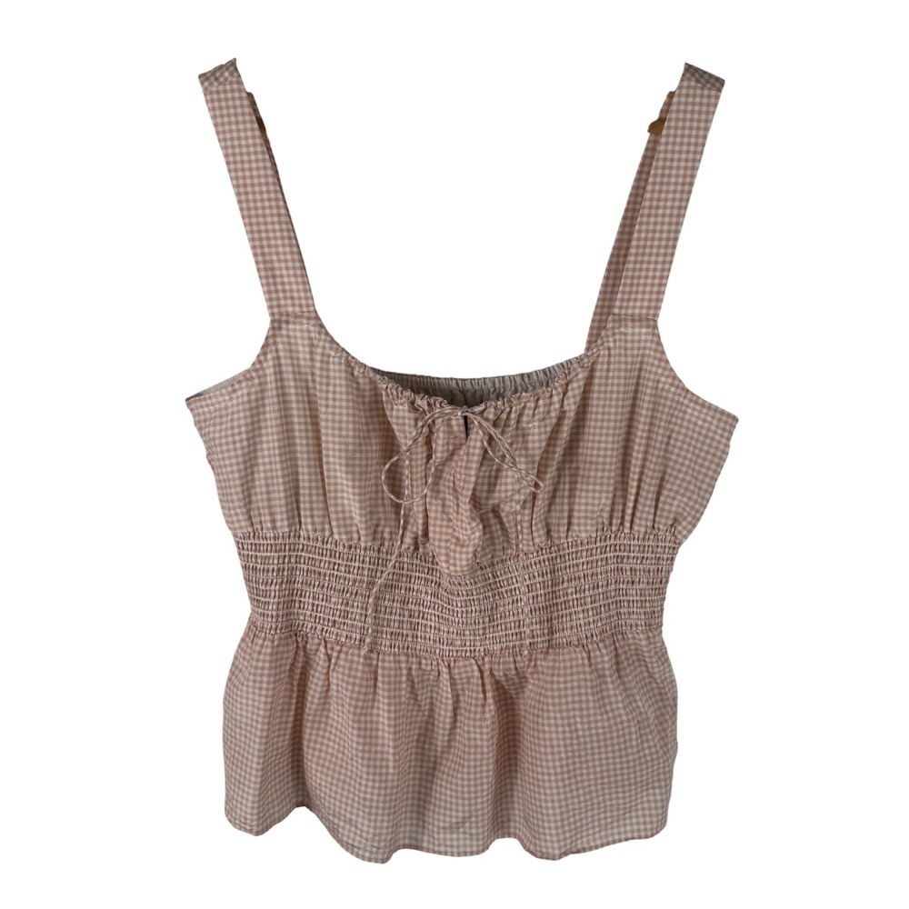 J.Crew Gingham Smocked Peplum Tank Top Womens L Tan White Tie Neck